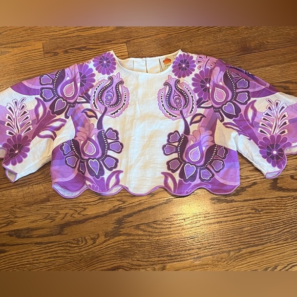 FARM Rio Purple Color Festival Euroflax Cream Cropped blouse, XL, NWOT - Picture 8 of 10